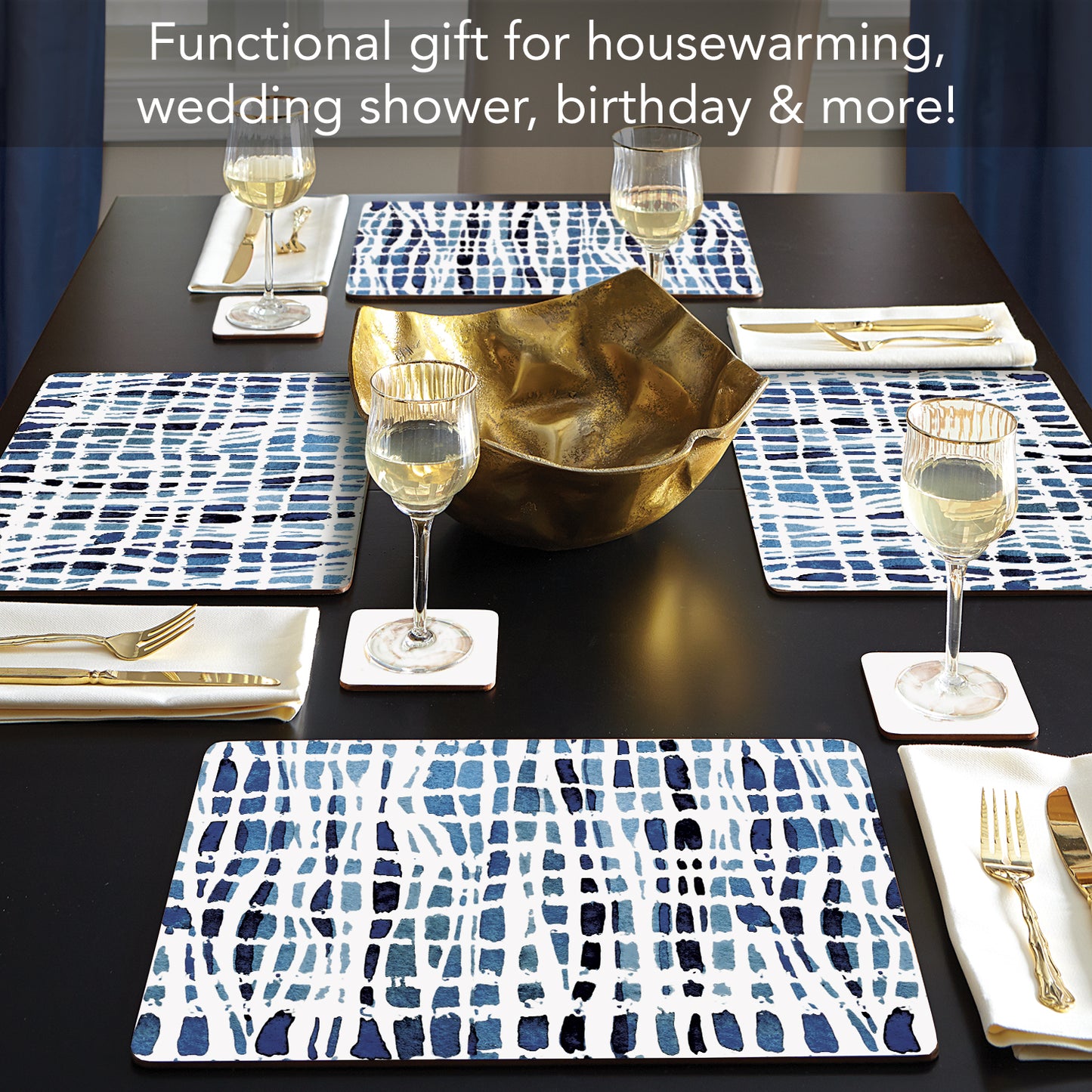 CounterArt Indigo Wavy Lines Premium Decorative Hardboard Tabletop Placemats 4-Pack Manufactured in The USA Heat Tolerant and Easily Wipes Clean