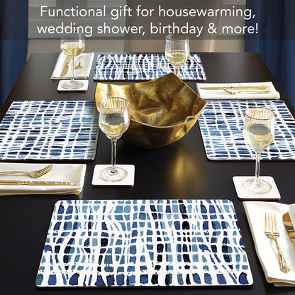 CounterArt Indigo Wavy Lines Premium Decorative Hardboard Tabletop Placemats 4-Pack Manufactured in The USA Heat Tolerant and Easily Wipes Clean