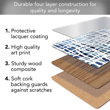 CounterArt Indigo Wavy Lines Premium Decorative Hardboard Tabletop Placemats 4-Pack Manufactured in The USA Heat Tolerant and Easily Wipes Clean