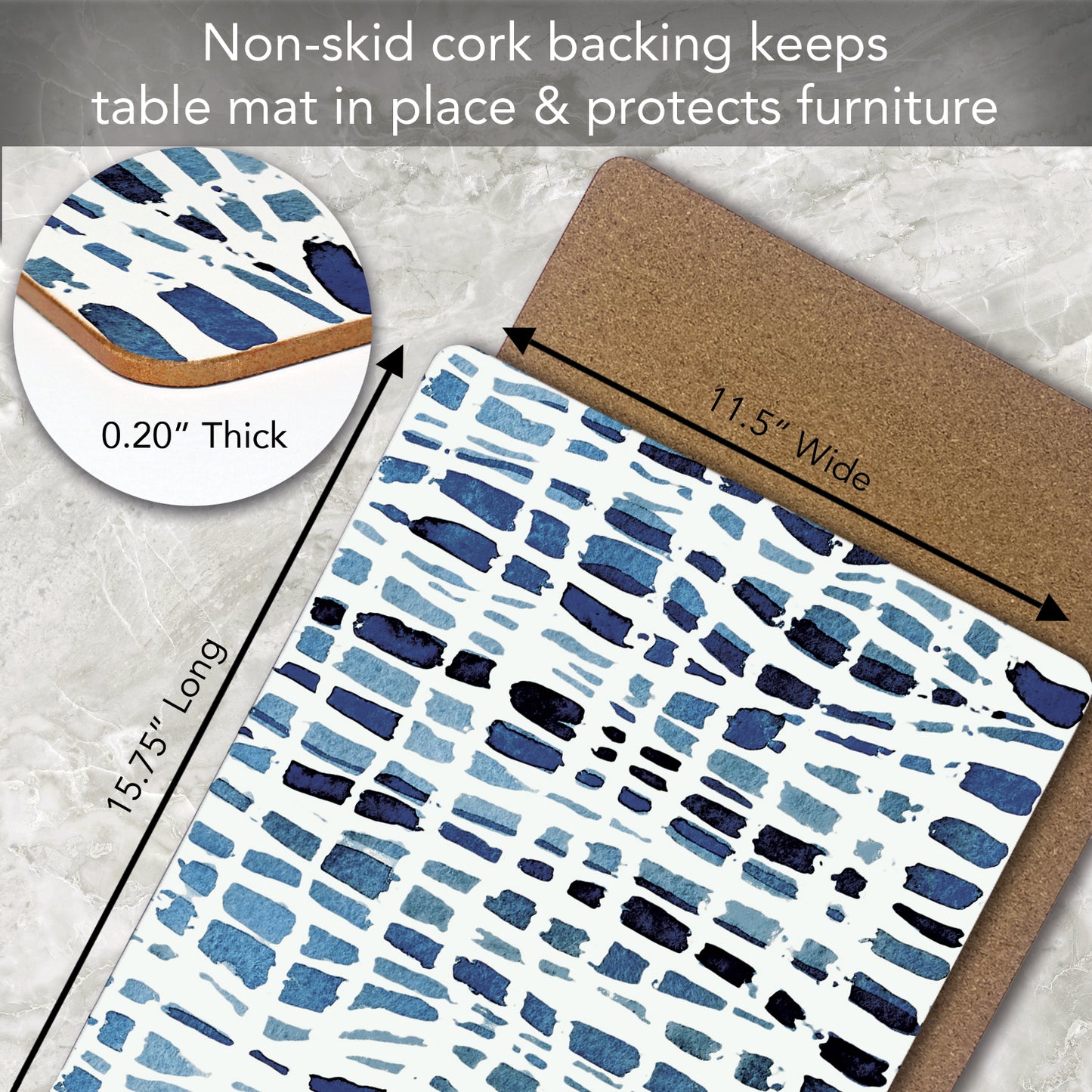 CounterArt Indigo Wavy Lines Premium Decorative Hardboard Tabletop Placemats 4-Pack Manufactured in The USA Heat Tolerant and Easily Wipes Clean