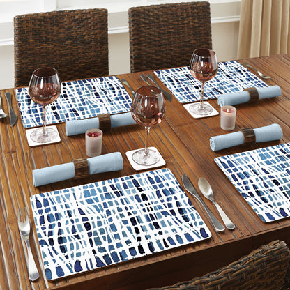 CounterArt Indigo Wavy Lines Premium Decorative Hardboard Tabletop Placemats 4-Pack Manufactured in The USA Heat Tolerant and Easily Wipes Clean