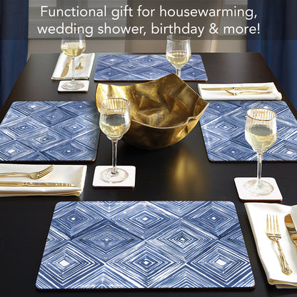 CounterArt Indigo Diamond Premium Decorative Hardboard Tabletop Placemats 4-Pack Manufactured in The USA Heat Tolerant and Easily Wipes Clean