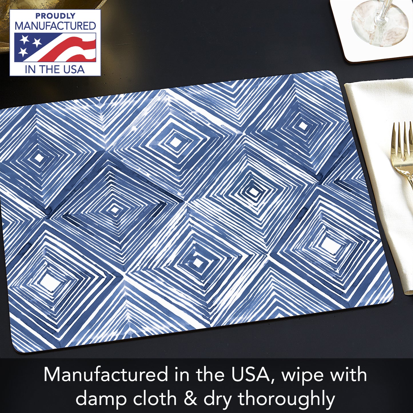 CounterArt Indigo Diamond Premium Decorative Hardboard Tabletop Placemats 4-Pack Manufactured in The USA Heat Tolerant and Easily Wipes Clean