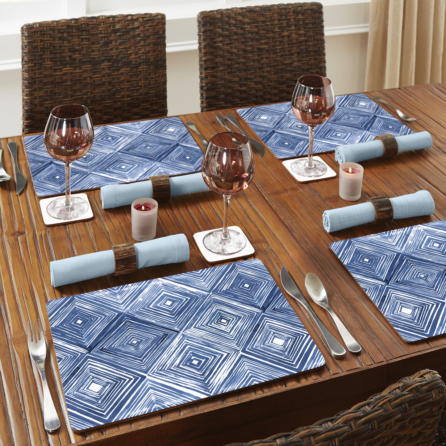 CounterArt Indigo Diamond Premium Decorative Hardboard Tabletop Placemats 4-Pack Manufactured in The USA Heat Tolerant and Easily Wipes Clean
