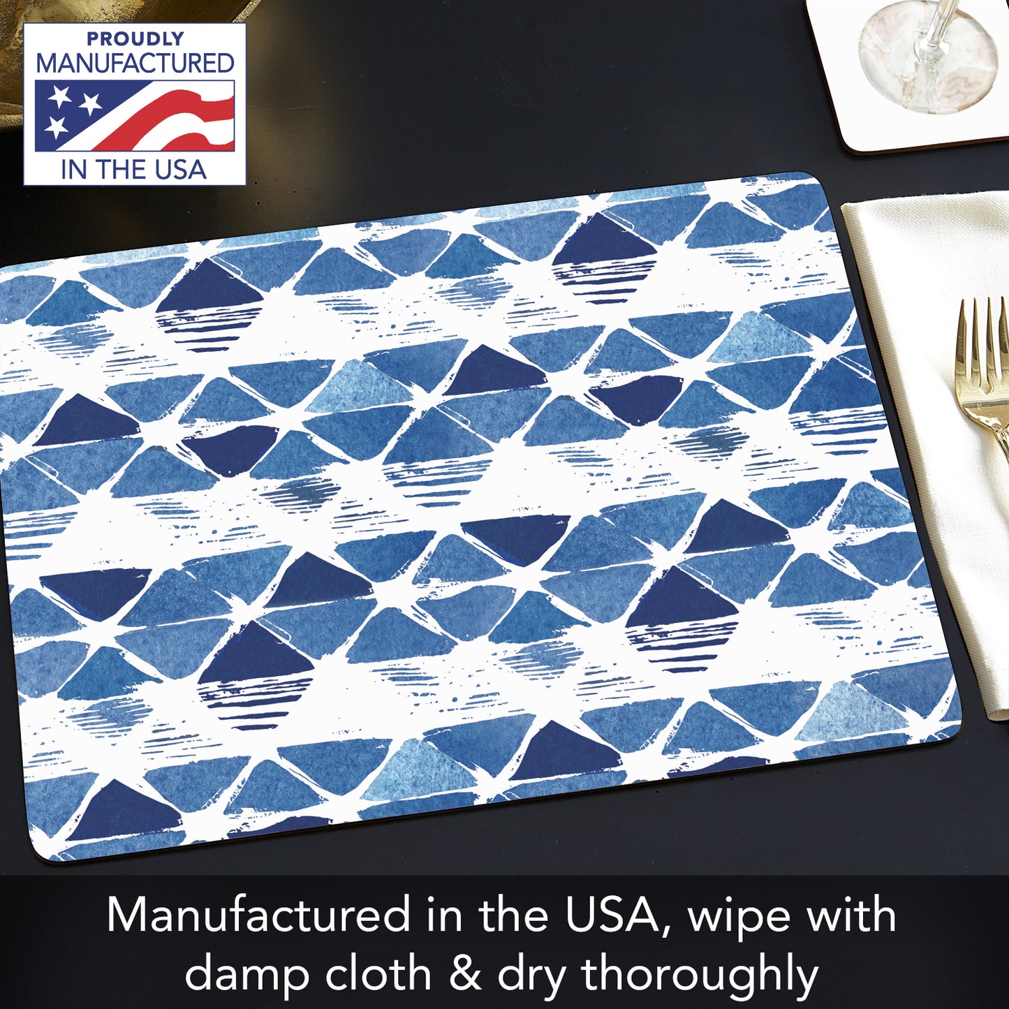 CounterArt Indigo Closed Triangles Premium Decorative Hardboard Tabletop Placemats 4-Pack Manufactured in The USA Heat Tolerant and Easily Wipes Clean