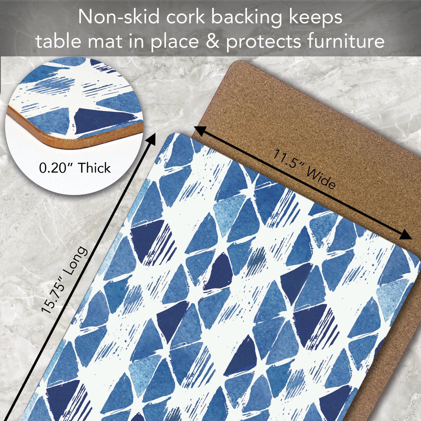 CounterArt Indigo Closed Triangles Premium Decorative Hardboard Tabletop Placemats 4-Pack Manufactured in The USA Heat Tolerant and Easily Wipes Clean