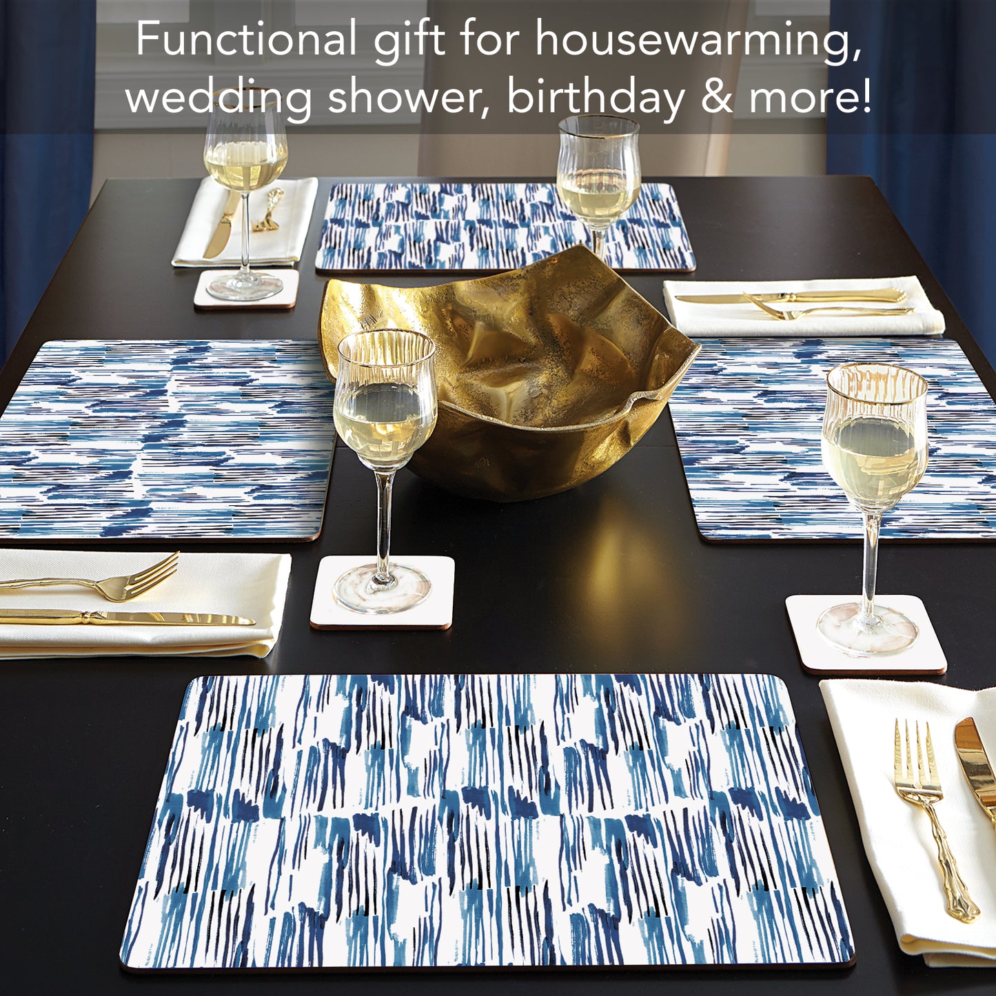 CounterArt Indigo Lines Premium Decorative Hardboard Tabletop Placemats 4-Pack Manufactured in The USA Heat Tolerant and Easily Wipes Clean