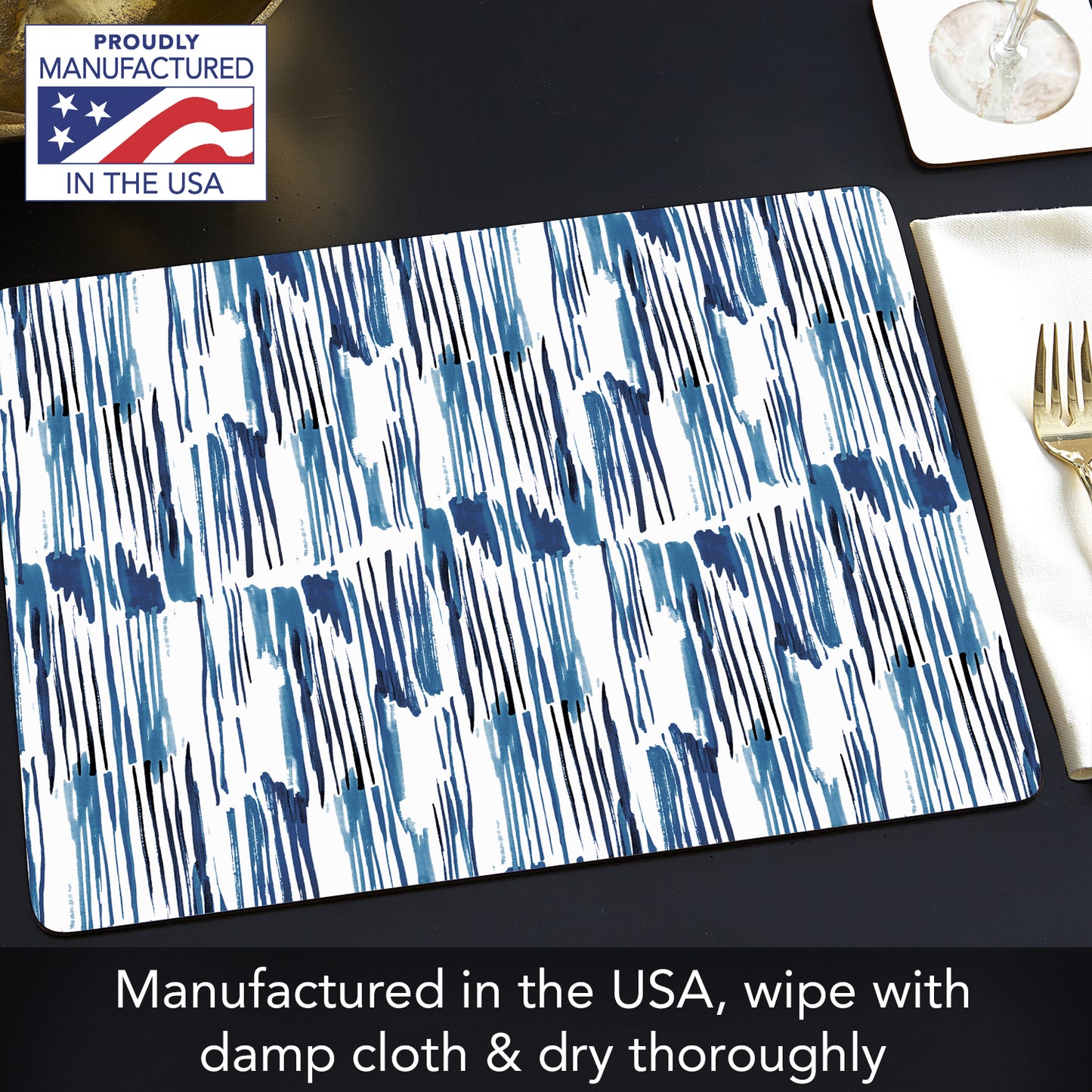 CounterArt Indigo Lines Premium Decorative Hardboard Tabletop Placemats 4-Pack Manufactured in The USA Heat Tolerant and Easily Wipes Clean