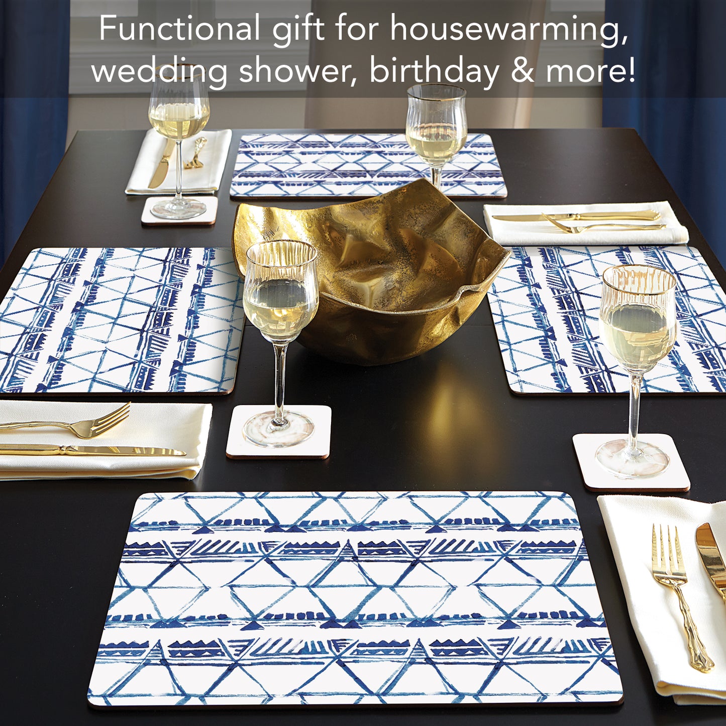 CounterArt Indigo Triangles Premium Decorative Hardboard Tabletop Placemats 4-Pack Manufactured in The USA Heat Tolerant and Easily Wipes Clean