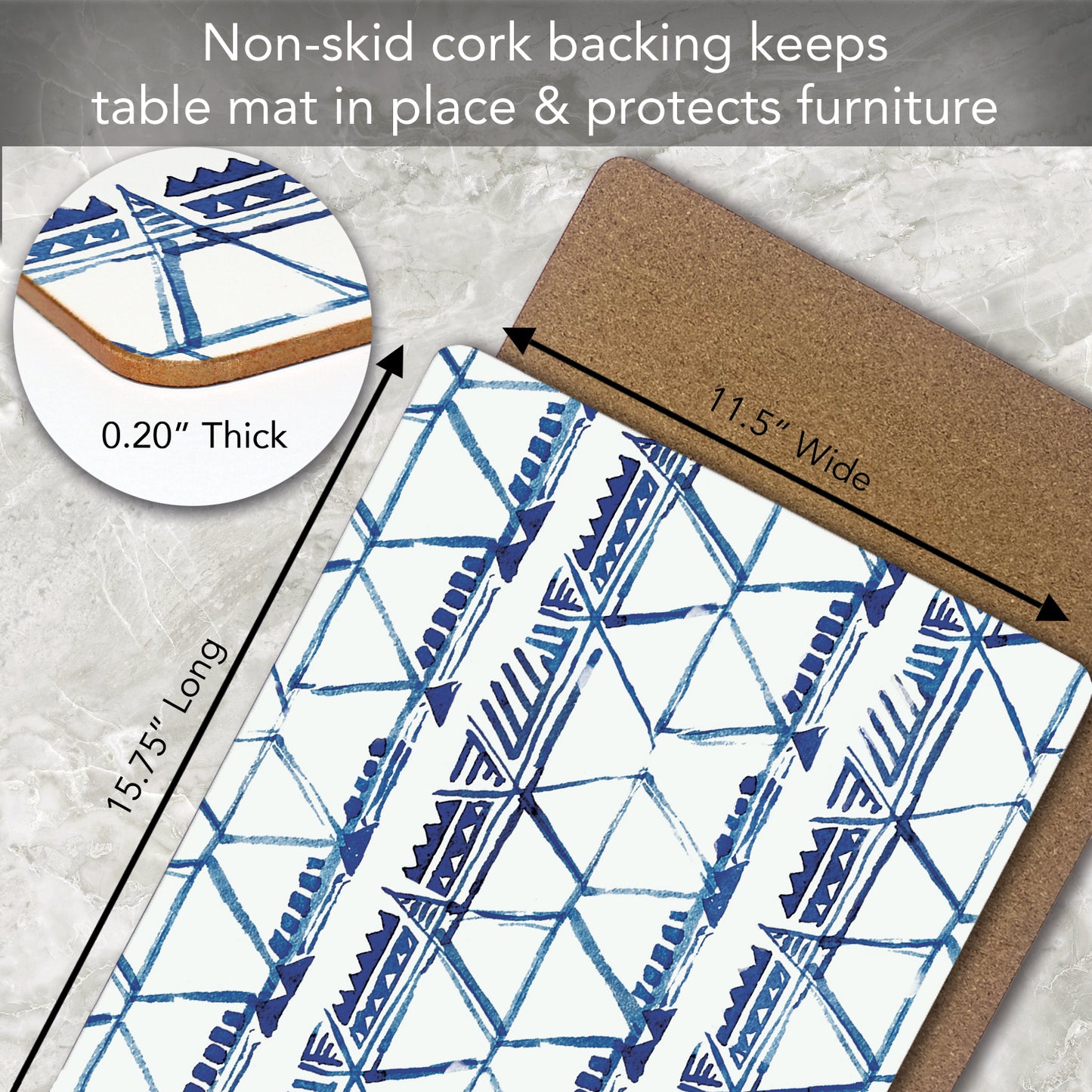 CounterArt Indigo Triangles Premium Decorative Hardboard Tabletop Placemats 4-Pack Manufactured in The USA Heat Tolerant and Easily Wipes Clean
