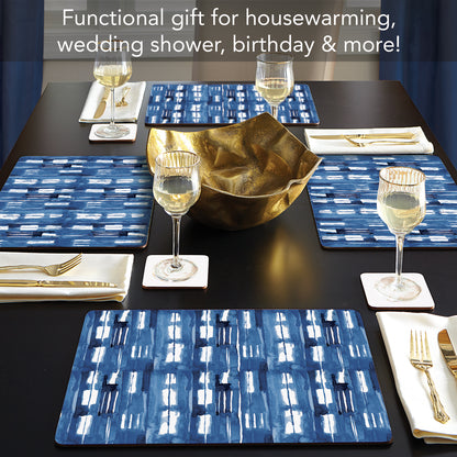 CounterArt Indigo Block Lines Premium Decorative Hardboard Tabletop Placemats 4-Pack Manufactured in The USA Heat Tolerant and Easily Wipes Clean