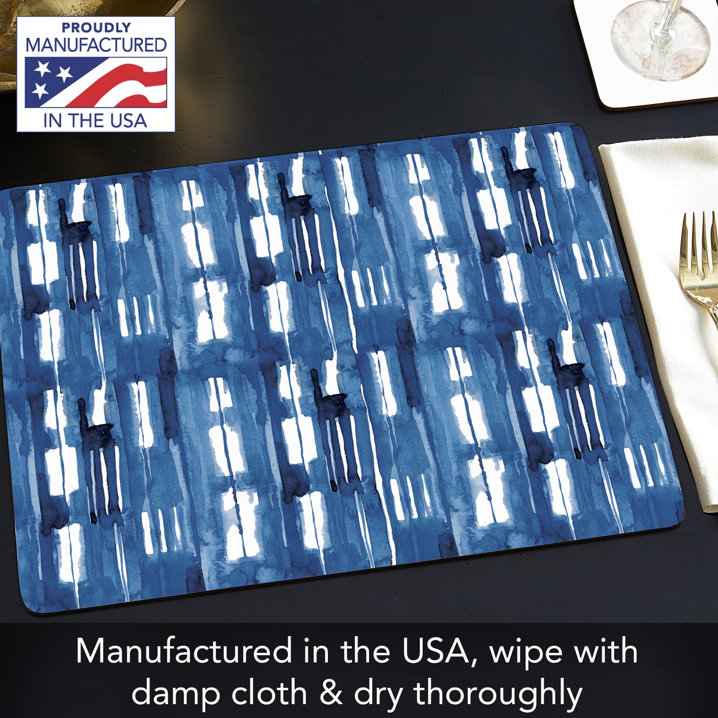 CounterArt Indigo Block Lines Premium Decorative Hardboard Tabletop Placemats 4-Pack Manufactured in The USA Heat Tolerant and Easily Wipes Clean