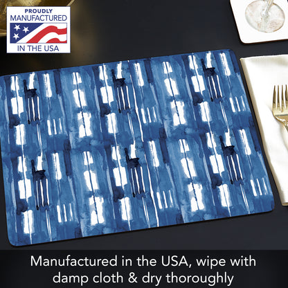 CounterArt Indigo Block Lines Premium Decorative Hardboard Tabletop Placemats 4-Pack Manufactured in The USA Heat Tolerant and Easily Wipes Clean