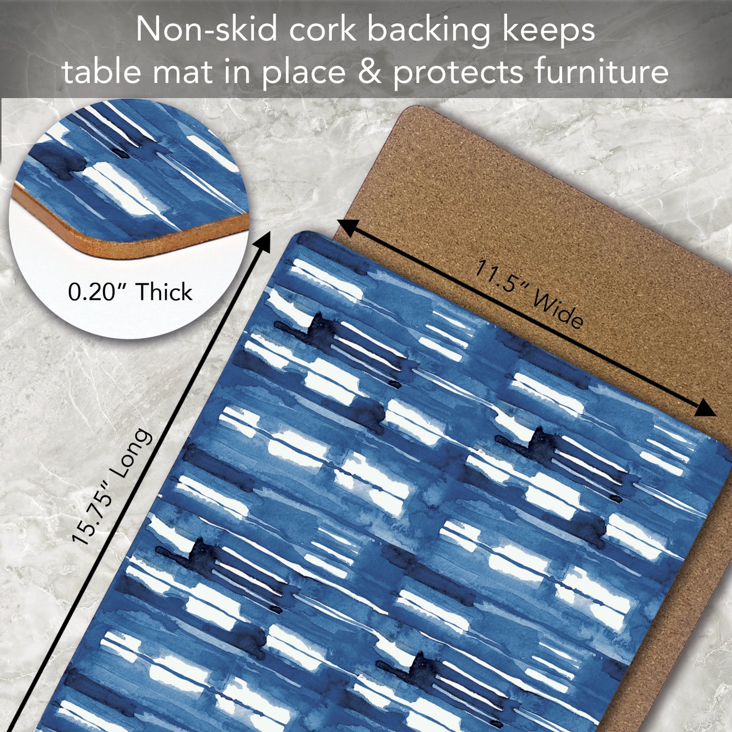 CounterArt Indigo Block Lines Premium Decorative Hardboard Tabletop Placemats 4-Pack Manufactured in The USA Heat Tolerant and Easily Wipes Clean
