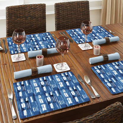 CounterArt Indigo Block Lines Premium Decorative Hardboard Tabletop Placemats 4-Pack Manufactured in The USA Heat Tolerant and Easily Wipes Clean