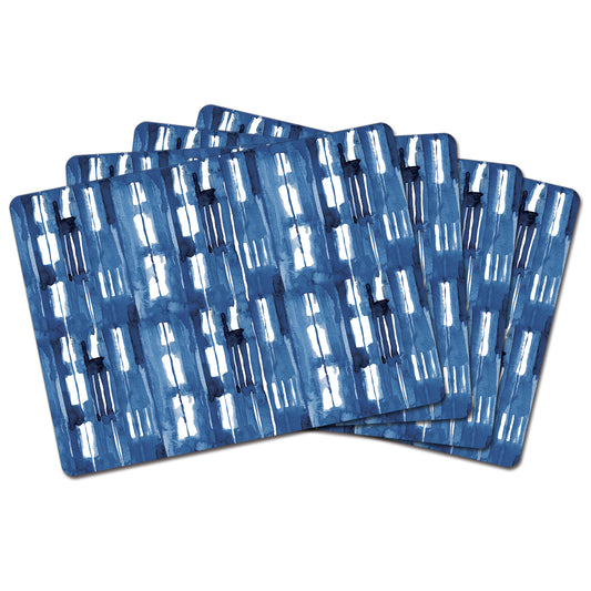 Indigo Block Lines Premium Decorative Hardboard Tabletop Placemats 4 Pack Manufactured in The USA