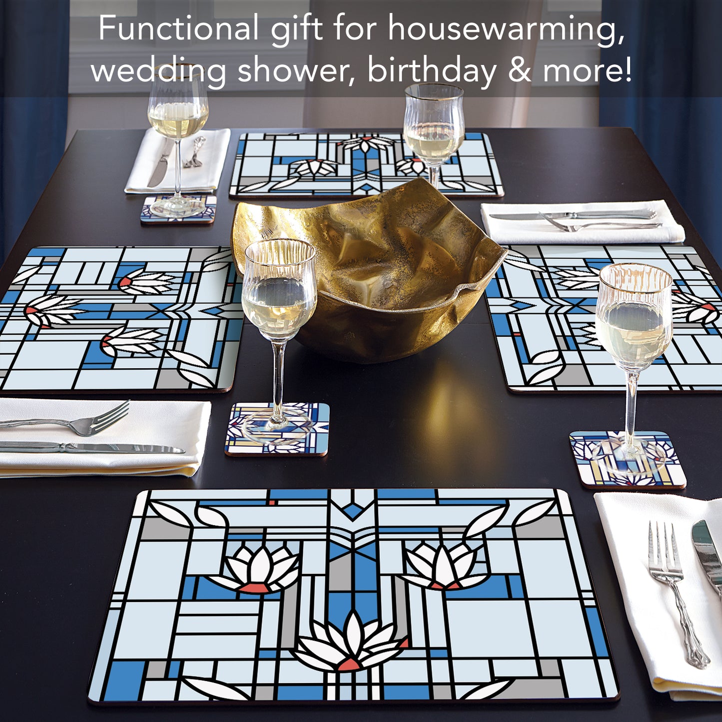 CounterArt Waterlilies by FLW Decorative Hardboard Placemats with Protective Cork Backing 4 Pack Layered Construction Heat Tolerant and Easily Wipes Clean