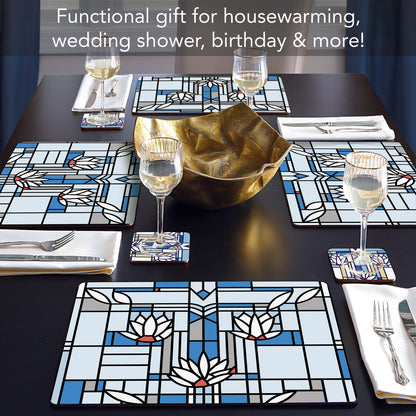 CounterArt Waterlilies by FLW Decorative Hardboard Placemats with Protective Cork Backing 4 Pack Layered Construction Heat Tolerant and Easily Wipes Clean