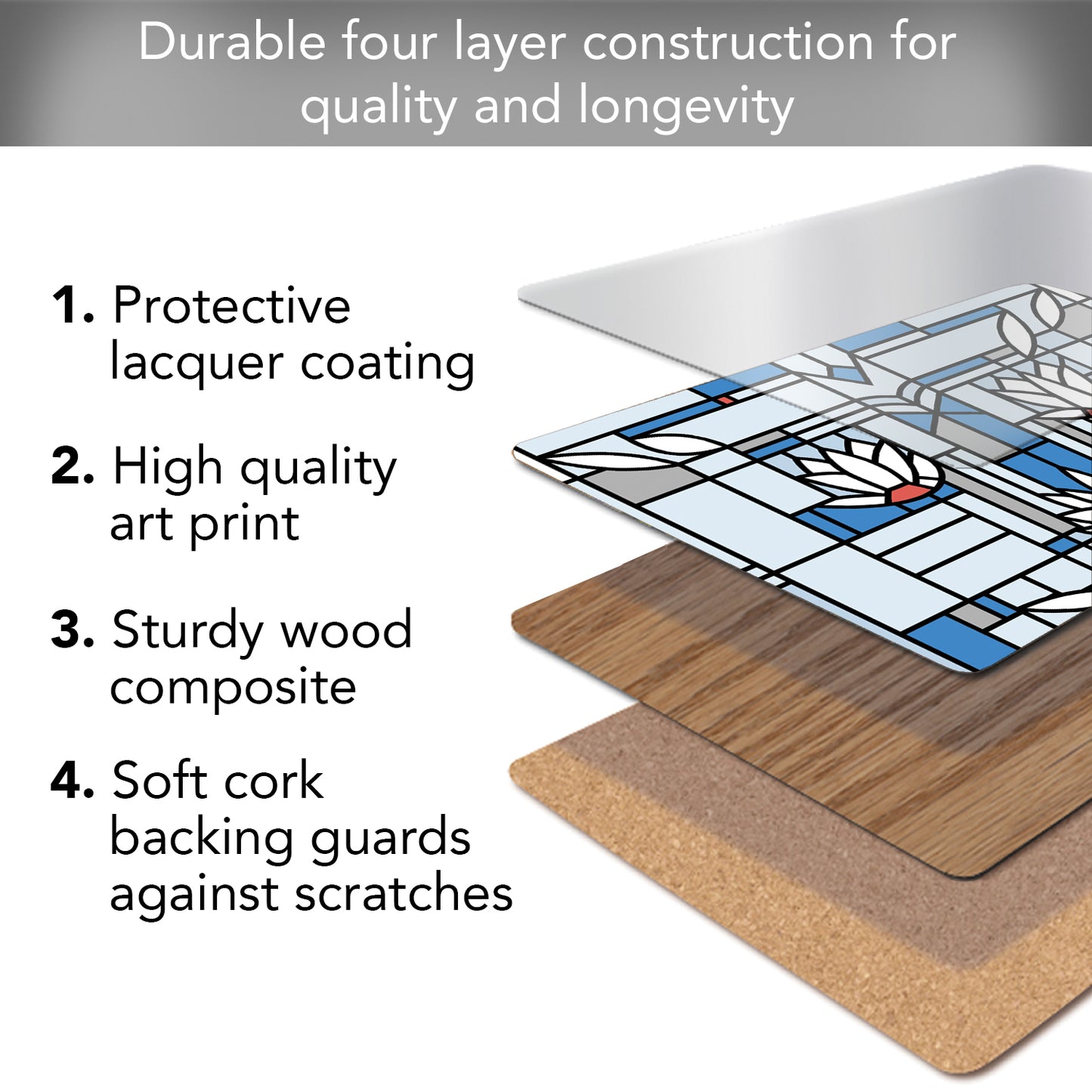 CounterArt Waterlilies by FLW Decorative Hardboard Placemats with Protective Cork Backing 4 Pack Layered Construction Heat Tolerant and Easily Wipes Clean