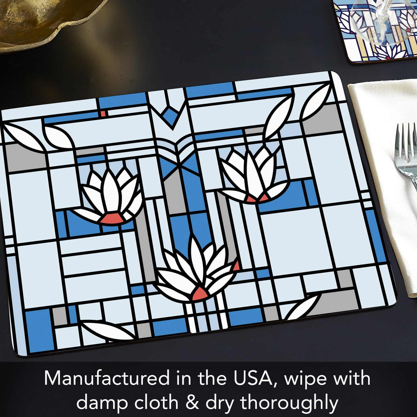 CounterArt Waterlilies by FLW Decorative Hardboard Placemats with Protective Cork Backing 4 Pack Layered Construction Heat Tolerant and Easily Wipes Clean