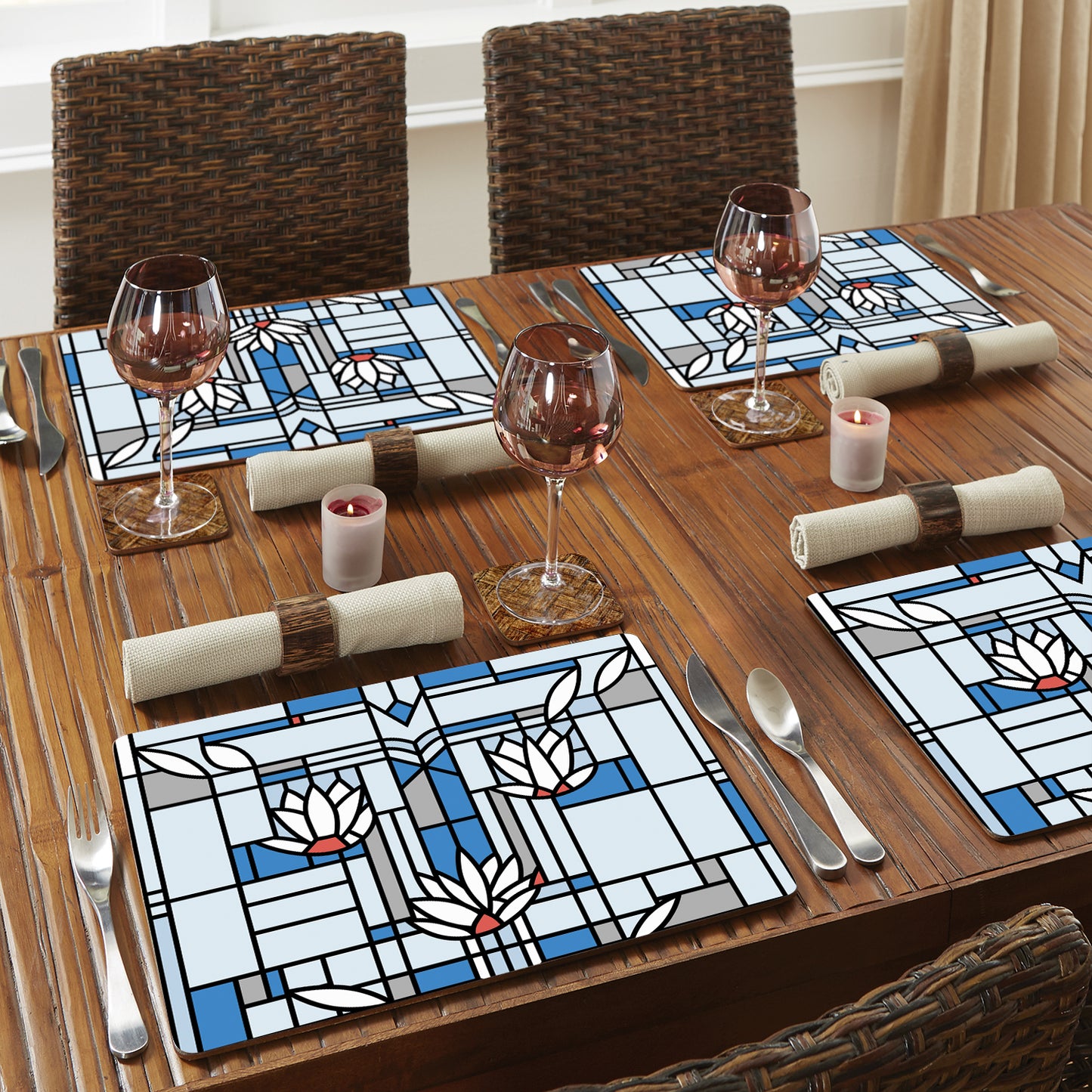 CounterArt Waterlilies by FLW Decorative Hardboard Placemats with Protective Cork Backing 4 Pack Layered Construction Heat Tolerant and Easily Wipes Clean