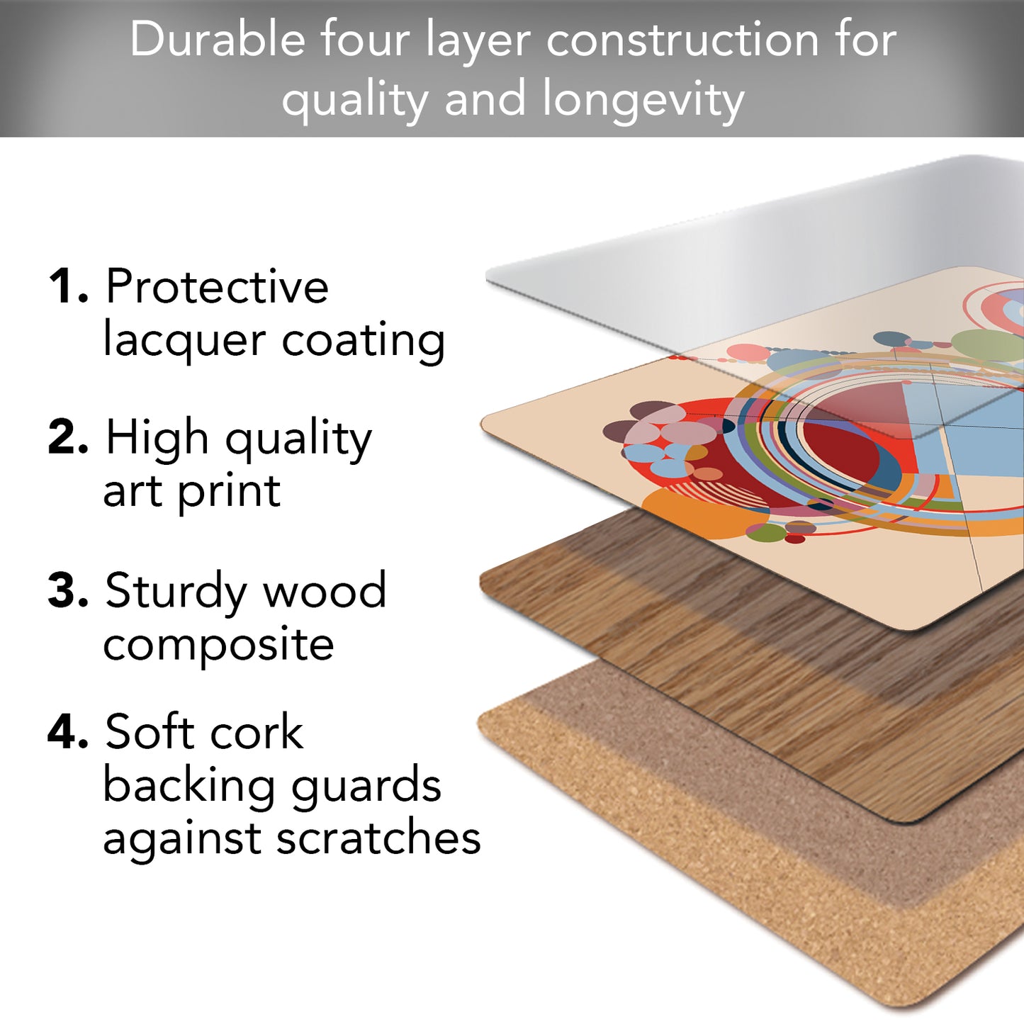 CounterArt Carpets by FLW Decorative Hardboard Placemats with Protective Cork Backing 4 Pack Layered Construction Heat Tolerant and Easily Wipes Clean