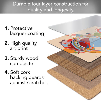 CounterArt Carpets by FLW Decorative Hardboard Placemats with Protective Cork Backing 4 Pack Layered Construction Heat Tolerant and Easily Wipes Clean