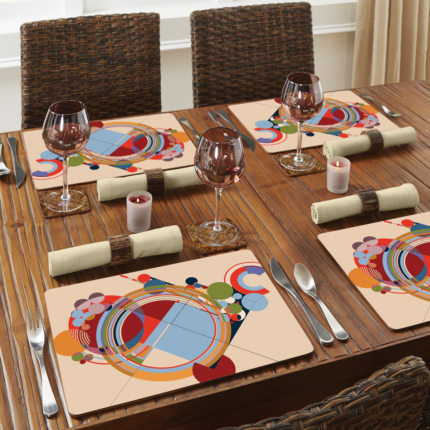 CounterArt Carpets by FLW Decorative Hardboard Placemats with Protective Cork Backing 4 Pack Layered Construction Heat Tolerant and Easily Wipes Clean