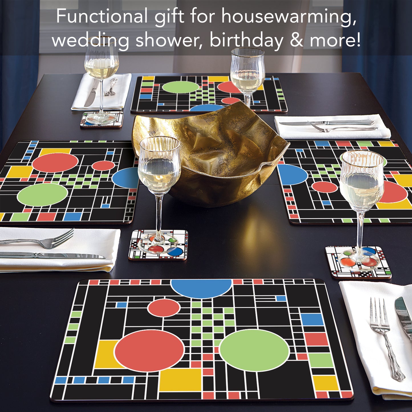 CounterArt Coonley Playhouse by FLW Decorative Hardboard Placemats with Protective Cork Backing 4 Pack Layered Construction Heat Tolerant and Easily Wipes Clean