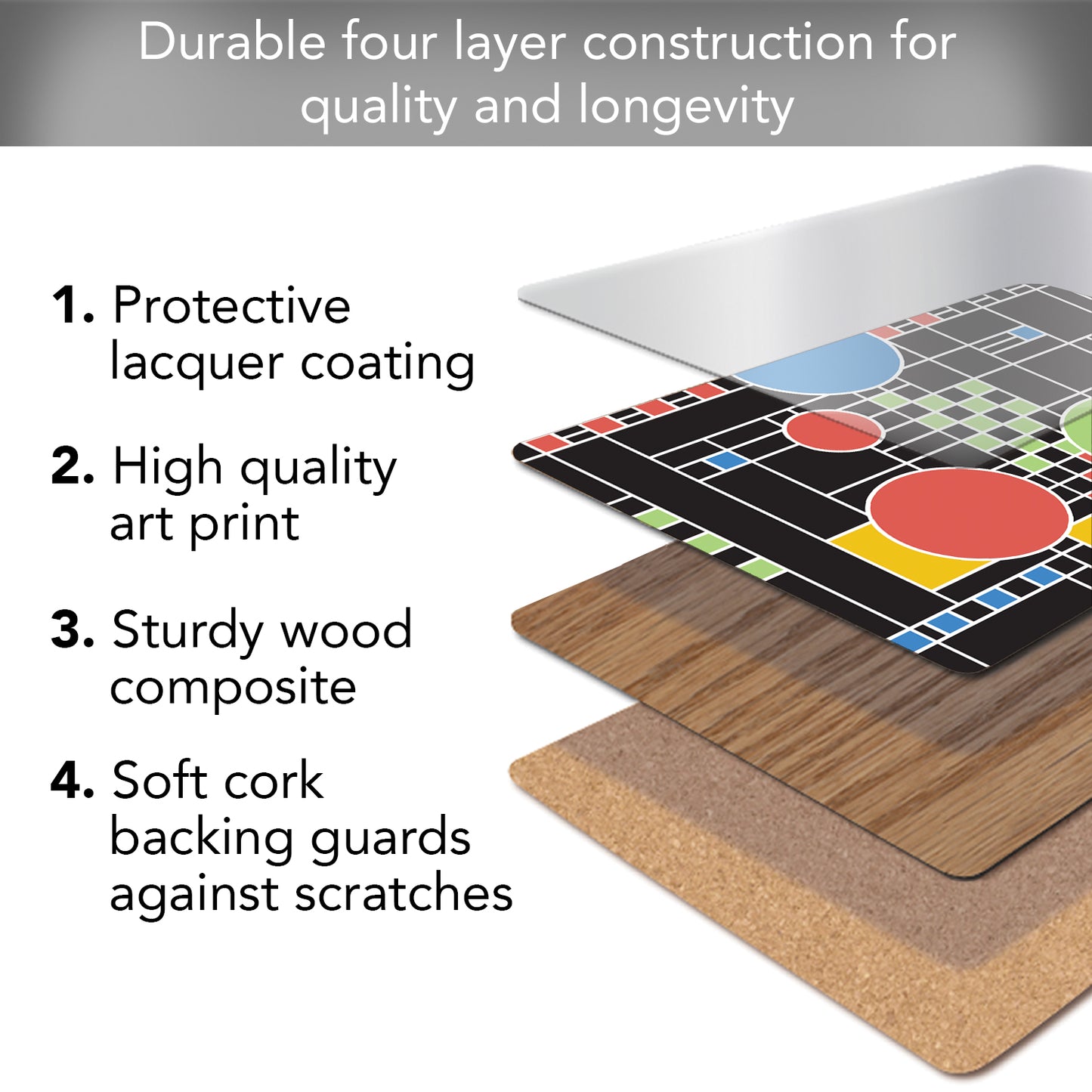 CounterArt Coonley Playhouse by FLW Decorative Hardboard Placemats with Protective Cork Backing 4 Pack Layered Construction Heat Tolerant and Easily Wipes Clean