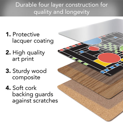 CounterArt Coonley Playhouse by FLW Decorative Hardboard Placemats with Protective Cork Backing 4 Pack Layered Construction Heat Tolerant and Easily Wipes Clean