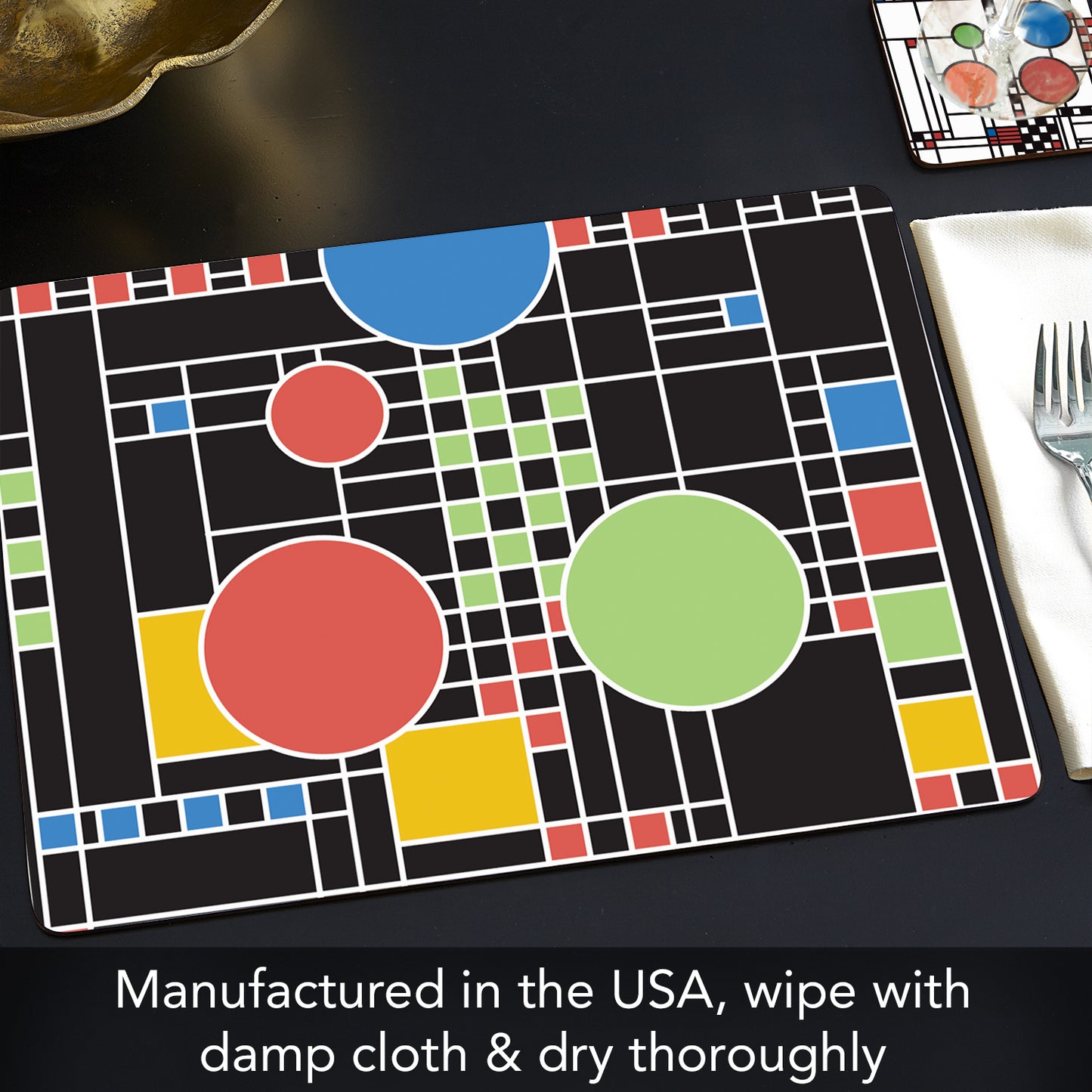 CounterArt Coonley Playhouse by FLW Decorative Hardboard Placemats with Protective Cork Backing 4 Pack Layered Construction Heat Tolerant and Easily Wipes Clean