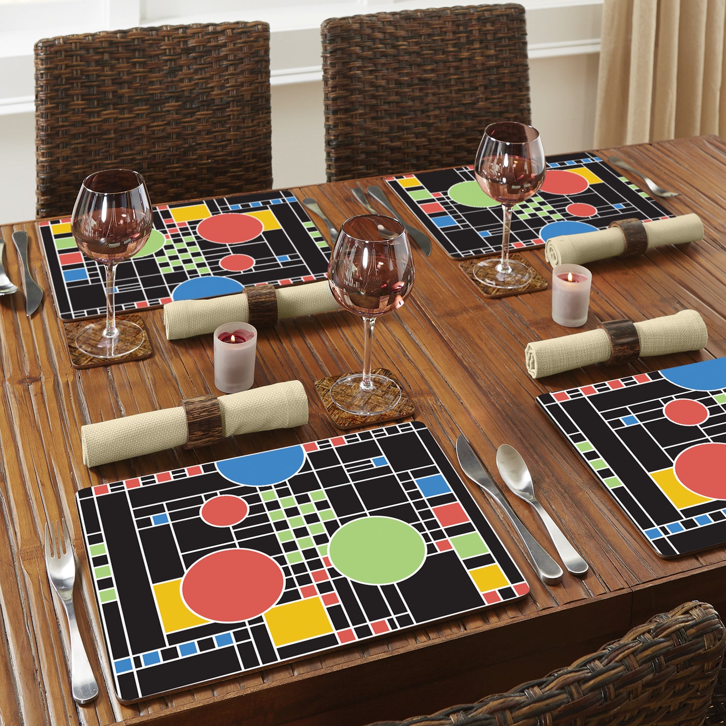 CounterArt Coonley Playhouse by FLW Decorative Hardboard Placemats with Protective Cork Backing 4 Pack Layered Construction Heat Tolerant and Easily Wipes Clean