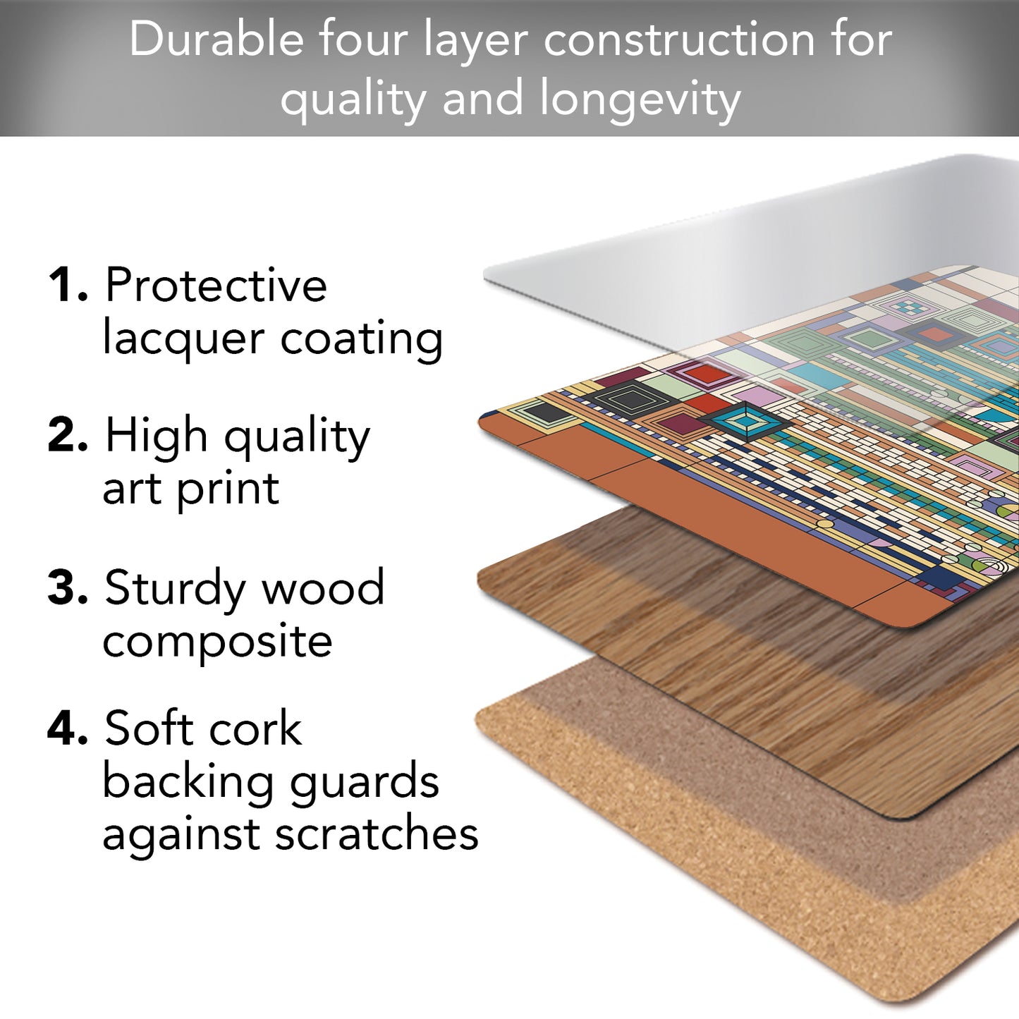 CounterArt Liberty Covers Assortment by FLW Decorative Hardboard Placemats with Protective Cork Backing 4 Pack Layered Construction Heat Tolerant and Easily Wipes Clean