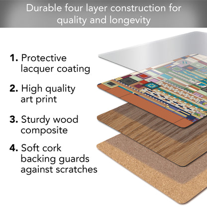 CounterArt Liberty Covers Assortment by FLW Decorative Hardboard Placemats with Protective Cork Backing 4 Pack Layered Construction Heat Tolerant and Easily Wipes Clean