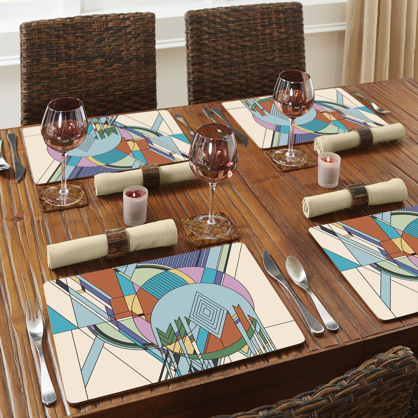 CounterArt Liberty Covers Assortment by FLW Decorative Hardboard Placemats with Protective Cork Backing 4 Pack Layered Construction Heat Tolerant and Easily Wipes Clean