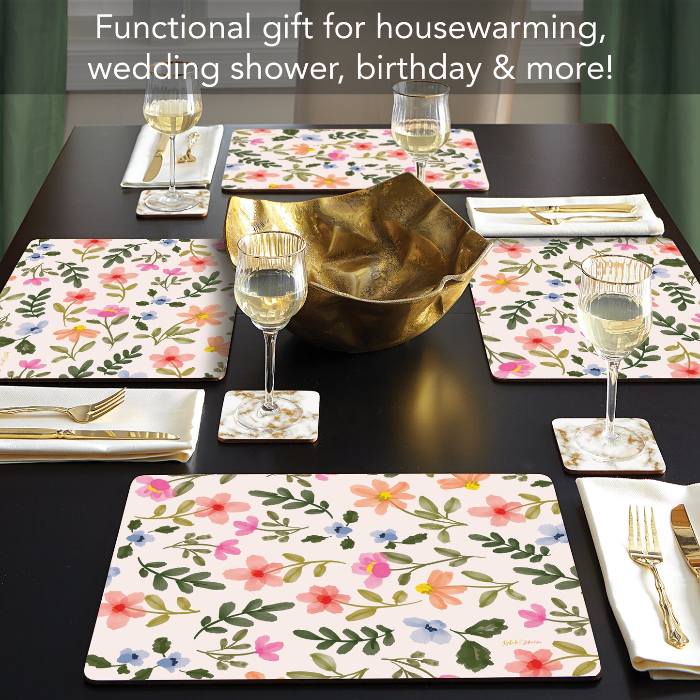 Watercolor Floral Premium 4 Pack Boxed Hardboard Tabletop Placemats Manufactured in the USA