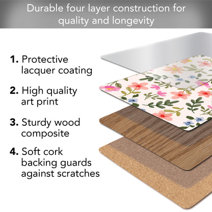 Watercolor Floral Premium 4 Pack Boxed Hardboard Tabletop Placemats Manufactured in the USA