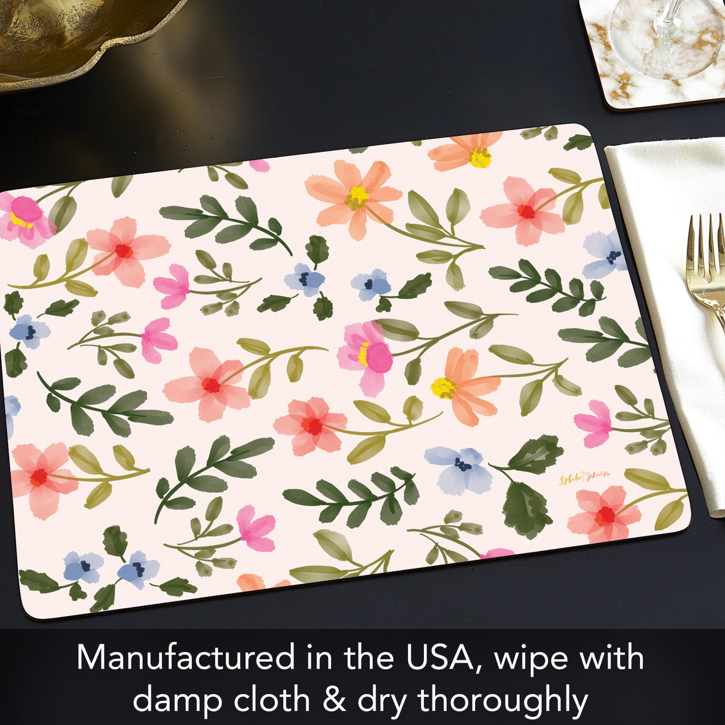 Watercolor Floral Premium 4 Pack Boxed Hardboard Tabletop Placemats Manufactured in the USA