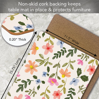 Watercolor Floral Premium 4 Pack Boxed Hardboard Tabletop Placemats Manufactured in the USA