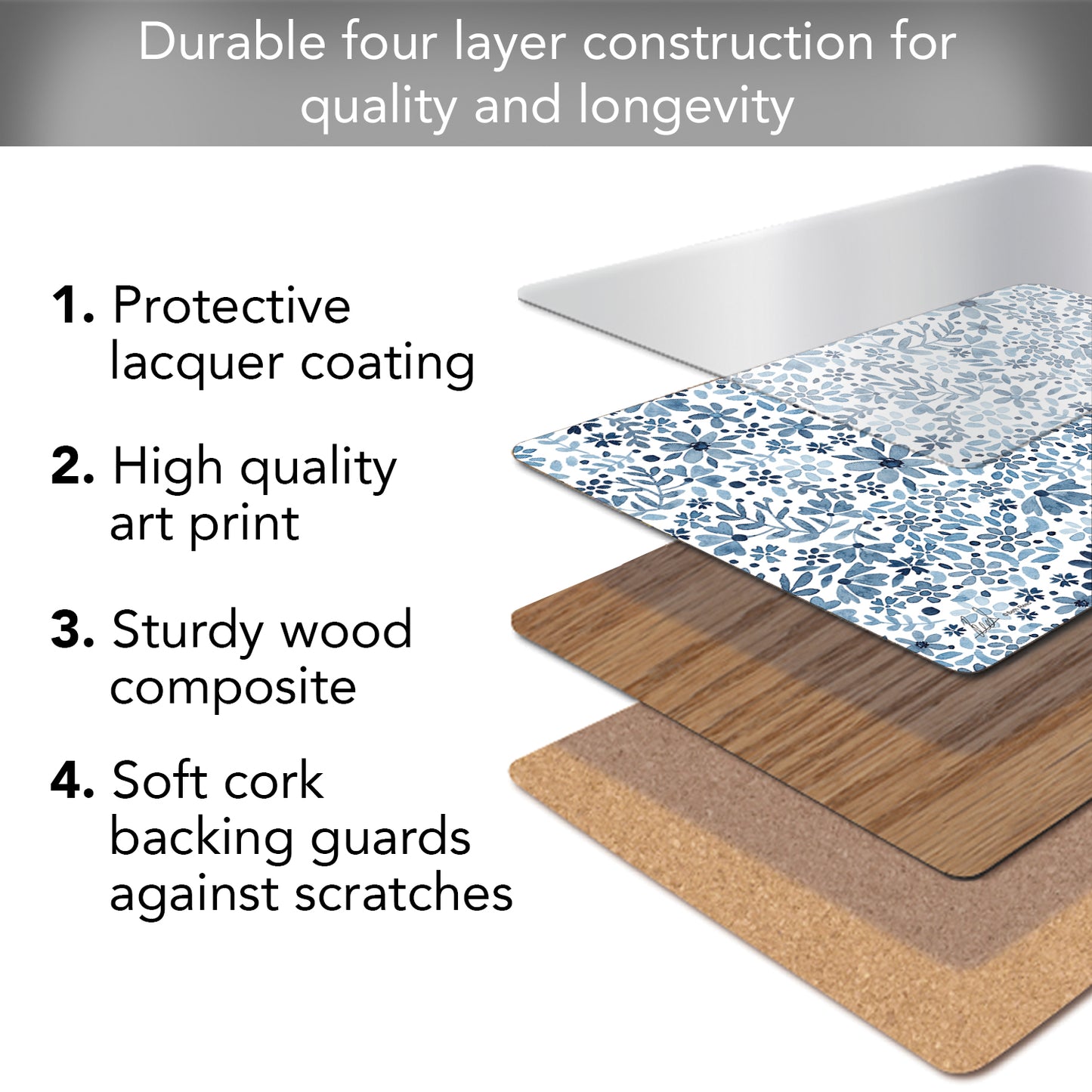 Ditsy Floral Premium 4 Pack Boxed Hardboard Tabletop Placemats Manufactured in the USA