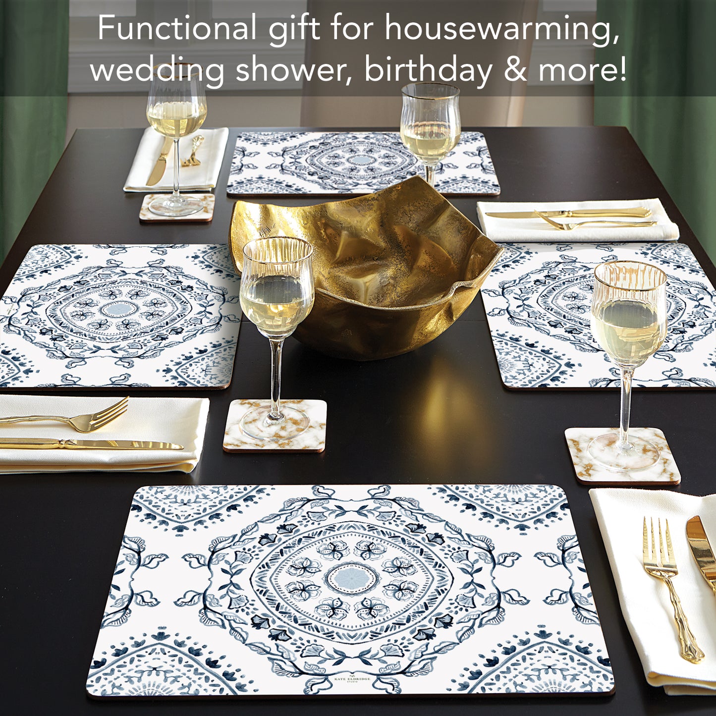 Blue Medallion Design Premium Decorative Hardboard Tabletop Placemats 4 Pack Manufactured in the USA