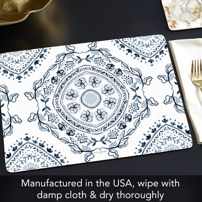 Blue Medallion Design Premium Decorative Hardboard Tabletop Placemats 4 Pack Manufactured in the USA