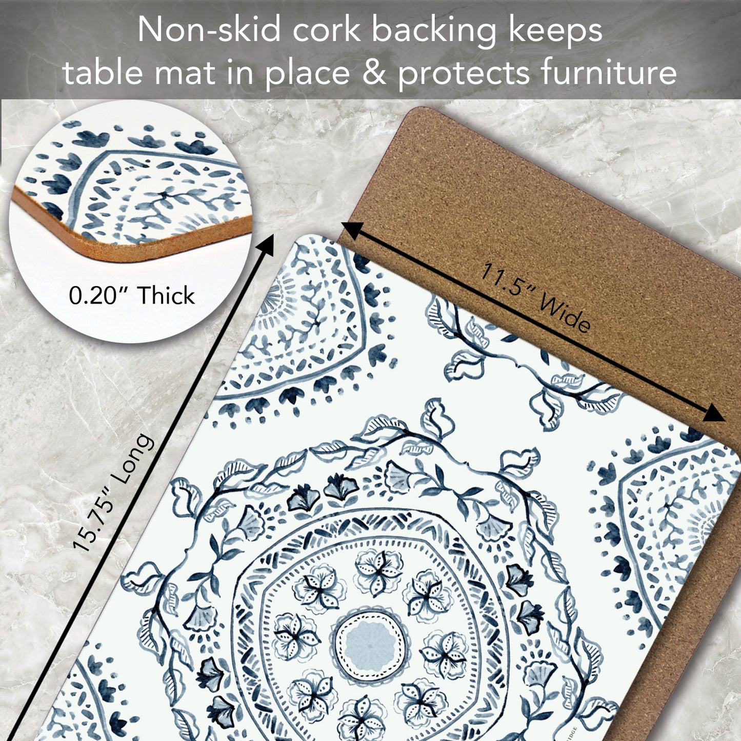 Blue Medallion Design Premium Decorative Hardboard Tabletop Placemats 4 Pack Manufactured in the USA