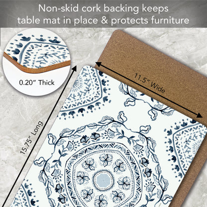 Blue Medallion Design Premium Decorative Hardboard Tabletop Placemats 4 Pack Manufactured in the USA