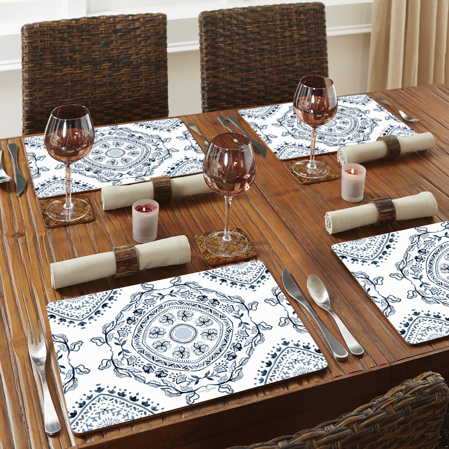 Blue Medallion Design Premium Decorative Hardboard Tabletop Placemats 4 Pack Manufactured in the USA