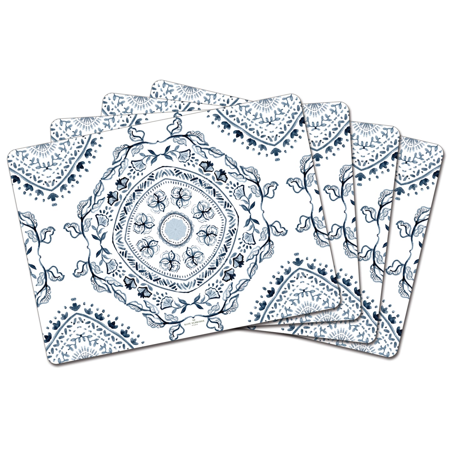 Blue Medallion Design Premium Decorative Hardboard Tabletop Placemats 4 Pack Manufactured in the USA