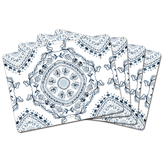 Blue Medallion Design Premium Decorative Hardboard Tabletop Placemats 4 Pack Manufactured in the USA