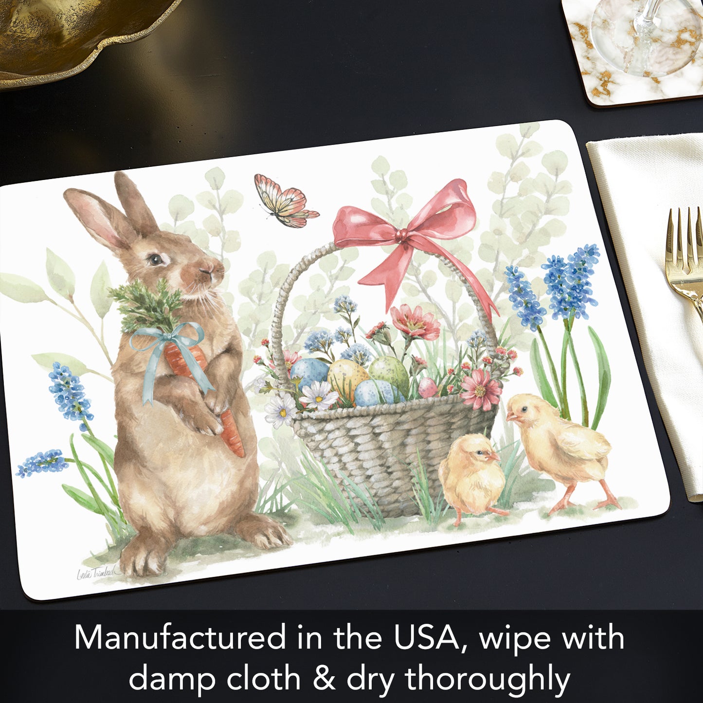 Hop Into Spring Premium 4 Pack Boxed Hardboard Tabletop Placemats Manufactured in the USA