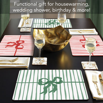 Holiday Bows Design Premium Decorative Hardboard Tabletop Placemats 4 Pack Manufactured in the USA